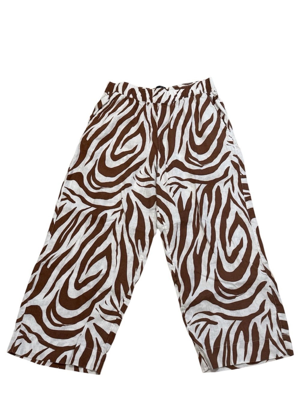Tahari 100% Linen Brown Zebra Print Wide Leg Pants Breathable Lightweight